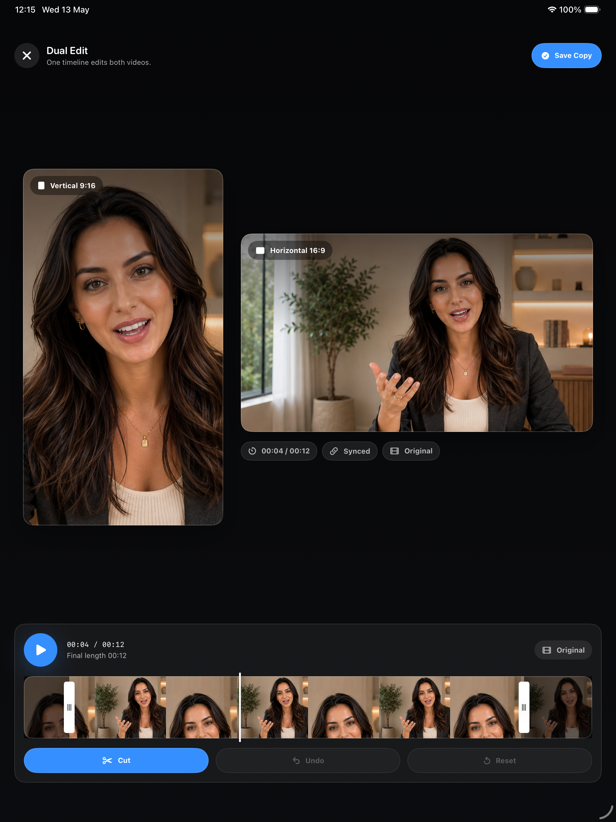 Frame Pair Camera iPad app preview showing vertical and horizontal video output planning
