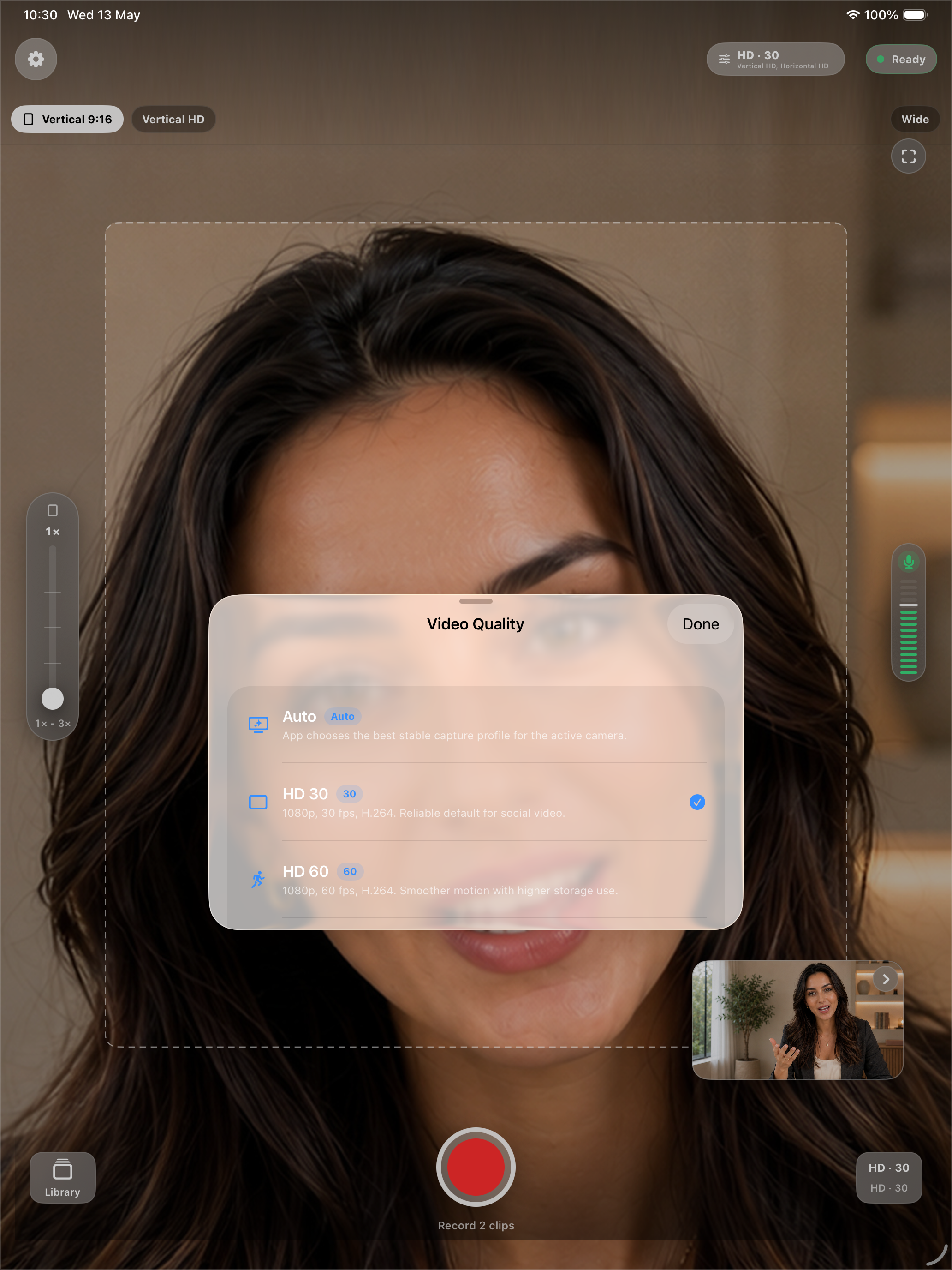 Frame Pair Camera iPad quality selection screen