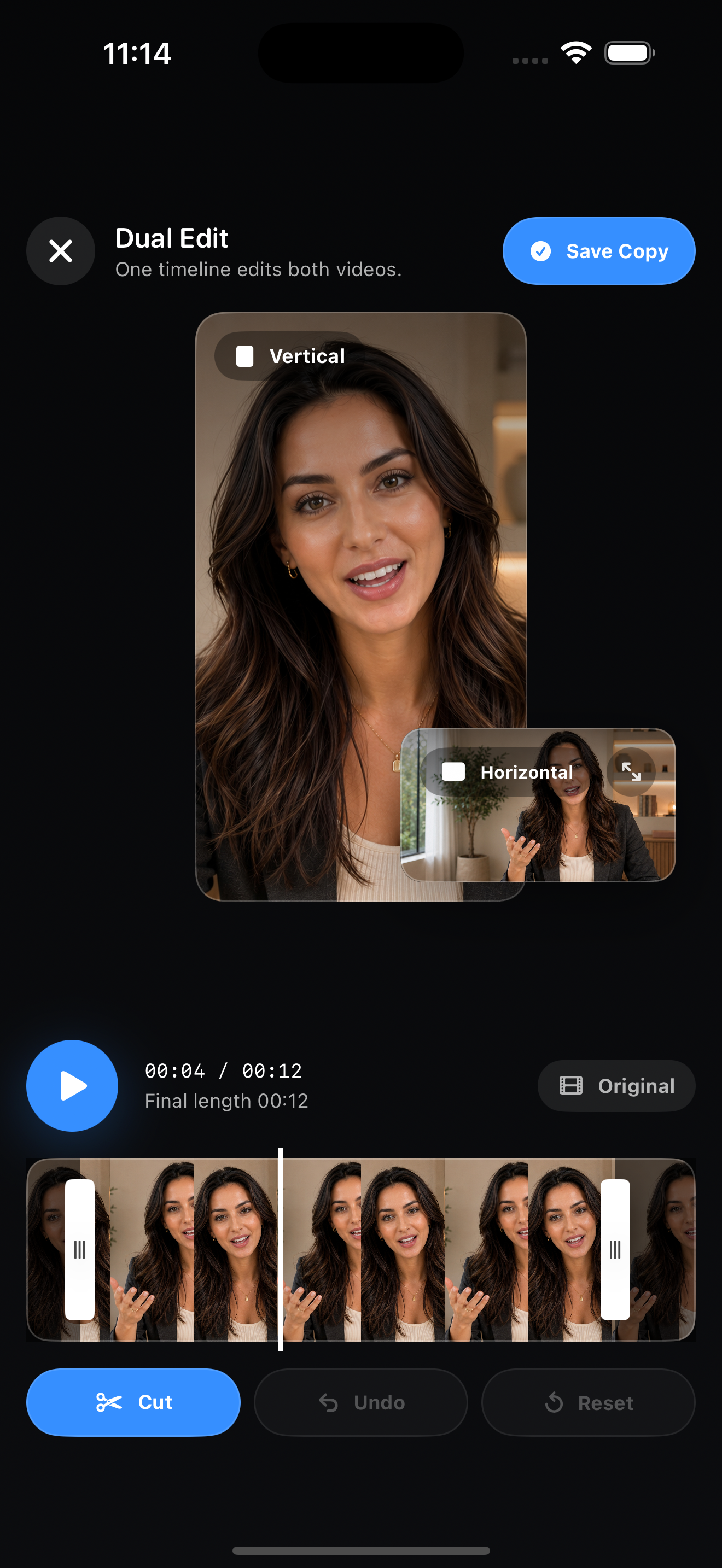 Frame Pair Camera iPhone editor with paired previews and timeline controls
