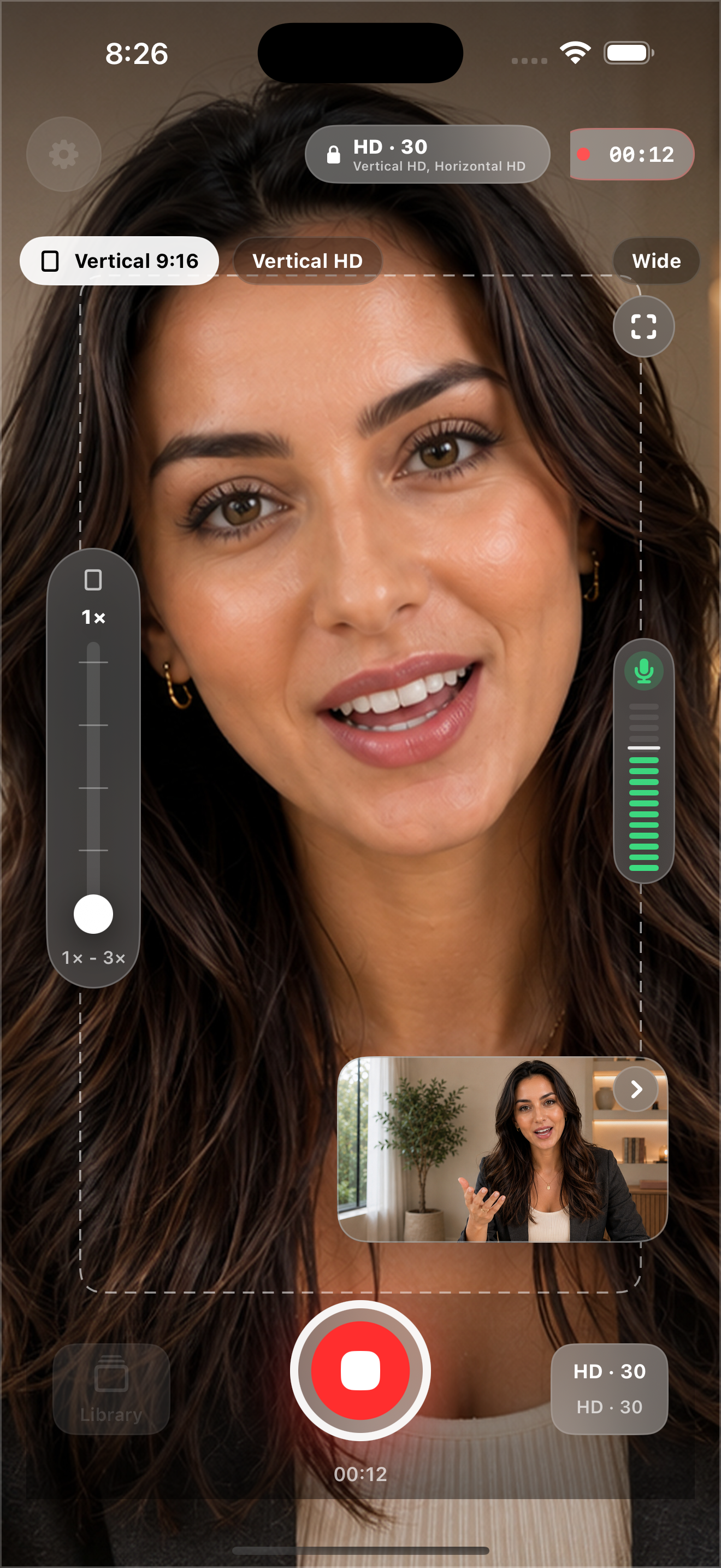 Frame Pair Camera iPhone recording screen with dual preview areas and camera controls