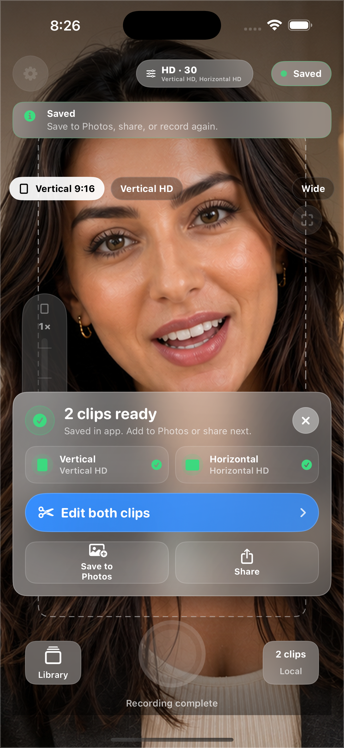 Frame Pair Camera result tray showing local vertical and horizontal video outputs