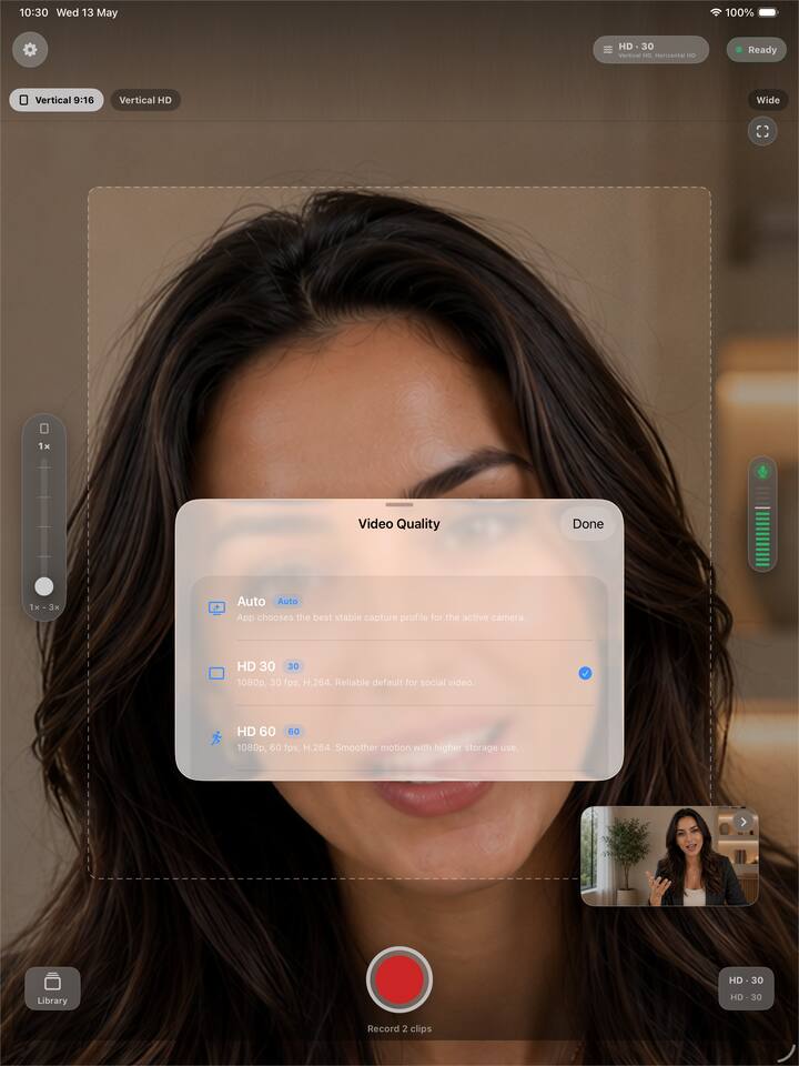 Frame Pair Camera iPad quality selection screen